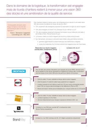 11
Plus de 85% des articles Décathlon sont équipés de puces RFID, donnant ainsi
de la visibilité sur les stocks (entrepôts et magasins) en temps réel, construisent
ainsi les bases d’une vision 360 pour les parcours clients omnicanaux.
ƒƒ Click-&-collect 1h avec visibilité en temps réel du stock magasin
ƒƒ Click-&-reserve 1h (click-&-collect avec paiement en magasin)
ƒƒ Livraison express le soir même à partir de 17h pour toute commande passée
avant 16h sur le gros électroménager et les télévisions (Paris et RP)
ƒƒ Mode de livraison /retrait personnalisable pour chaque article de la commande
Des chantiers restent à mener autour de la logistique pour aboutir à une réelle vision
360 des stocks et améliorer le niveau de service offert :
ƒƒ 47% seulement des enseignes proposent la réservation en ligne du stock magasin
ƒƒ 43% des enseignes ne livrent ni à J (livraison le jour même) ni à J+1
ƒƒ 15% des enseignes seulement proposent la livraison le jour même (à J) et celle-ci
est limitée à Paris, l’Ile de France et Lyon
ƒƒ La livraison clients sur stock magasin est encore au stade embryonnaire
ƒƒ Sur l’alimentaire, la livraison à domicile reste limitée à des périmètres restreints :
ƒƒ grandes agglomérations (notamment pour les distributeurs intégrés)
ƒƒ zones de chalandise d’un nombre restreint de magasins (pour les franchisés)
Dans le domaine de la logistique, la transformation est engagée
mais de lourds chantiers restent à mener pour une vision 360
des stocks et une amélioration de la qualité de service
Réservation sur stocks magasins
(click&collect, click&reserve, Drive)
Livraison à H+ et J+1
Livraison à J
Livraison au plus tôt à J+1
Pas de
livraison
à J ou J+1
des enseignes
47%
15%
42%
43%
“L’omnicanalité demande à faire
bouger les lignes et nécessite des
investissements dans les moyens
logistiques.”
Source : Baromètre Capgemini
Consulting LSA – Mai 2015.
ƒƒ Click-&-collect 1h avec visibilité en temps réel du stock magasin
ƒƒ Livraison express en 3h à Paris
ƒƒ Service d’abonnement pour livraison express en illimité à 49 € / an
Livraison à J sur RdV par coursier 6j/7 et dimanche matin
(Ile de France uniquement)
Livraison à J sur RdV (créneau de 2h), 7j/7 (région parisienne uniquement)
 
