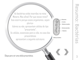 Resumo:Bactérias
3
As bactérias estão inseridas no reino
Monera. Mas afinal: Por que nesse reino?
Isso ocorre porque esses organismos, sejam
plurice-
lulares ou não, apresentam células de tipo
“procarionte”.
As células, essenciais para a vida, no caso das
procarióticas
apresentam a seguinte estrutura:
Clique para ver uma célula procariótica.
 