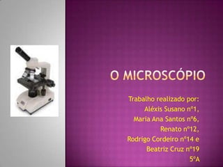 O Microscópio Trabalho realizado por: Aléxis Susano nº1, Maria Ana Santos nº6, Renato nº12, Rodrigo Cordeiro nº14 e  Beatriz Cruz nº19 5ºA    