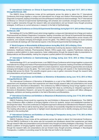 5OMICS Group Conferences
3rd
International Conference on Clinical & Experimental Ophthalmology during April 15-17, 2013 at Hilton
Chicago/Northbrook, USA
The OMICS Group Conferences invites all the participants across the globe to attend the 3rd
International
Conference that brings together a unique and International mix of large and medium Pharmaceutical, Biotech and
Diagnostic Companies, leading Universities and Clinical Research Institutions to share knowledge.The 3rd
International
Conference on Clinical & Experimental Ophthalmology will schedule and coordinate amongst the professionals in
order to gather visionaries through the research talks and presentations and put forward many thought provoking
strategies. It will focus on current advances in research in the field of Ophthalmology.
3rd
International Conference on Clinical & Experimental Dermatology during April 15-17, 2013 at Hilton Chicago/
Northbrook, USA
Dermatology-2013 is the OMICS event which brings together a unique and International mix of large and medium
Pharmaceutical and Biotech Diagnostics Companies, leading Universities and Clinical & Experimental Dermatology
Institutions making the conference a perfect platform to share experience, foster collaborations across industry and
academia, and evaluate emerging technologies across the globe. This OMICS Group Conference would schedule
and coordinate all meetings with International experts in the Clinical & Experimental Dermatology field.
4th
World Congress on Bioavailability & Bioequivalence during May 20-22, 2013 at Beijing, China
BABE-2013 is part of the series of OMCS Group Conferences involving key decision makers from the Academic
Institutions, Healthcare Institutes, Pharmaceutical, Biotech, CROs supply chain, Logistics Practitioners making the
congress a perfect platform to share experience, foster collaborations through the research talks & presentations in
Bioequivalence and Bioavailability, making the congress a perfect platform for knowledge sharing.
2nd
International Conference on Gastroenterology & Urology during June 10-12, 2013 at Hilton Chicago/
Northbrook, USA
Gastroenterology-2013, as it would be known, is an OMICS Group Conference which brings together a unique and
International mix of large and medium Pharmaceutical and Diagnostics Companies, leading Universities and Research
Institutions making the Congress a perfect platform to share experience, boost networking opportunities and evaluate
emerging technologies across the globe. The meet would involve meetings with experts in the Gastroenterology &
Urology field across the World. The scientific program paves a way to gather visionaries through the research talks
and presentations and put forward novel ideas.
2nd
International Conference and Exhibition on Biometrics & Biostatistics during June 10-12, 2013 at Hilton
Chicago/Northbrook, USA
The International Conference of Biometrics & Biostatistics is a part of the OMICS Group Conferences where
researchers and developers share their experiences and ideas through research talks and presentations and reveal
about advances in Biometrics & Biostatistics. This conference by OMICS Publishing Group brings together a forum
for students, doctors and established scientists to exchange their ideas by contributing an integrative approach to
Biometrics & Biostatistics Research, and gives the opportunity to participate in a congress with fellow colleagues,
delegates, exhibitors and leading scientists in the field of Biometrics and Biostatistics.
2nd
International Conference and Exhibition on Biosensors & Bioelectronics during June 17-19, 2013 at Hilton
Chicago/Northbrook, USA
OMICS Publishing Group would be organizing the next Exhibition in Biosensors & Bioelectronics. This OMICS
Group Conference offers a platform of bringing together a forum for students, doctors and established scientists to
exchange their ideas. This event contributes an integrative approach to Biosensors & Bioelectronics Research, sharing
best practice in the field as well as learning about case studies of successfully integrated bio-sensing technologies.
The meeting will provide an opportunity to highlight recent developments and to identify emerging and future areas
of growth in this exciting field.
2nd
International Conference and Exhibition on Neurology & Therapeutics during June 17-19, 2013 at Hilton
Chicago/Northbrook, Chicago, USA
OMICS Publishing Group invites all the participants across the globe to attend 2nd International Conference.
The first OMICS Conference in the series was the successful and developers shared their experiences and ideas
through research talks and presentations and put forward many thought provoking strategies in Neurology. This event
offered a platform of bringing together students, doctors and established scientists. Neuro-2013 gather visionaries
through the research talks and presentations and put forward many thought provoking strategies in Neurological
Therapeutics, in addition to providing scope for the talks that are fruitful to the discipline.
 