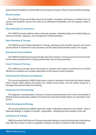 approaches for biodefense of potentially harmful agents through an Open Access publishing strategy.

Blood & Lymph

   This OMICS Group journal talks about the lymphatic, circulatory and serious conditions such as
cancer from lymphatic causes that need to be addressed immediately, and the progress made in
the field.

Blood Disorders & Transfusion

  This OMICS journal publishes about molecular genetics, pathophysiology and epidemiology as
well as prevention, diagnosis, and management of blood disorders.

Brain Disorders & Therapy

  The OMICS journal of Brain Disorders & Therapy addresses both scientific research and clinical
advancements in treatment of brain disorders and the latest advancements made in this regard.

Business & Financial Affairs

  This OMICS Publishing Group journal talks about the research in finances and commerce domain
and the latest developments in forging partnerships and running businesses.

Cancer Science & Therapy

   This OMICS journal talks about benchmark on research with respect to performance of clinical
afflictions to evaluate and compare applications of the several cancer therapies.

Cardiovascular Diseases and Diagnosis

   This journal published by OMICS talks about a group of disorders of the heart and blood vessels
which include: Heart attacks and strokes are usually acute events, and are mainly caused by a
blockage that prevents blood from flowing.

Cardiovascular Pharmacology

   The diagnosis, characterization, therapy of various marked diseases and in other crucial fields of
Medical Science particularly related to the heart and associated health factors are described in this
journal.

Cell & Developmental Biology

  This journal published by OMICS deals with single, multicellular organisms and models, tools of
Molecular Biology, in addition to function, organisation, development and evolution of the cell.

Cell Science & Therapy

  OMICS journal of Cell Science & Therapy describes biology of a cell and the process of pioneering
new cells into a tissue in order to negotiate a disease and ways of treatment with cell therapy.



OMICS Publishing Group                                                                             7
 