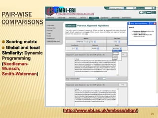 PAIR-WISE
COMPARISONS
29
Scoring matrix
Global and local
Similarity: Dynamic
Programming
(Needleman-
Wunsch,
Smith-Waterman)
(http://www.ebi.ac.uk/emboss/align/)
 