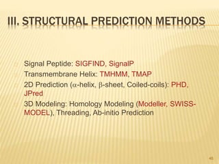 III. STRUCTURAL PREDICTION METHODS
Signal Peptide: SIGFIND, SignalP
Transmembrane Helix: TMHMM, TMAP
2D Prediction (a-helix, b-sheet, Coiled-coils): PHD,
JPred
3D Modeling: Homology Modeling (Modeller, SWISS-
MODEL), Threading, Ab-initio Prediction
45
 