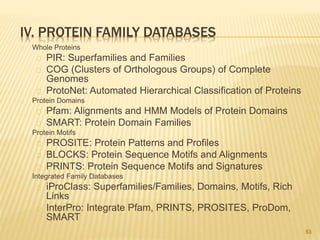 IV. PROTEIN FAMILY DATABASES
Whole Proteins
PIR: Superfamilies and Families
COG (Clusters of Orthologous Groups) of Complete
Genomes
ProtoNet: Automated Hierarchical Classification of Proteins
Protein Domains
Pfam: Alignments and HMM Models of Protein Domains
SMART: Protein Domain Families
Protein Motifs
PROSITE: Protein Patterns and Profiles
BLOCKS: Protein Sequence Motifs and Alignments
PRINTS: Protein Sequence Motifs and Signatures
Integrated Family Databases
iProClass: Superfamilies/Families, Domains, Motifs, Rich
Links
InterPro: Integrate Pfam, PRINTS, PROSITES, ProDom,
SMART
53
 