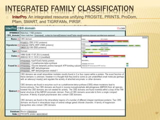 INTEGRATED FAMILY CLASSIFICATION
InterPro: An integrated resource unifying PROSITE, PRINTS, ProDom,
Pfam, SMART, and TIGRFAMs, PIRSF.
(http://www.ebi.ac.uk/interpro/search.html)
57
 
