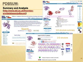 68
PDBSUM:
Summary and Analysis
(http://www.ebi.ac.uk/thornton-
srv/databases/pdbsum/)
Search 3-D structure summary
2-D structure
 