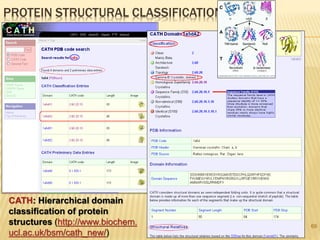 69
PROTEIN STRUCTURAL CLASSIFICATION
CATH: Hierarchical domain
classification of protein
structures (http://www.biochem.
ucl.ac.uk/bsm/cath_new/)
 