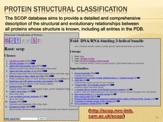 PROTEIN STRUCTURAL CLASSIFICATION
71
(http://scop.mrc-lmb.
cam.ac.uk/scop/)
The SCOP database aims to provide a detailed and comprehensive
description of the structural and evolutionary relationships between
all proteins whose structure is known, including all entries in the PDB.
 