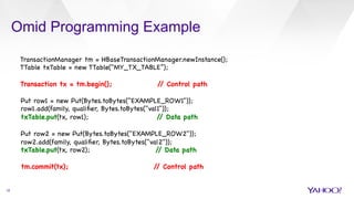 Omid Programming Example
10
TransactionManager tm = HBaseTransactionManager.newInstance();

TTable txTable = new TTable("MY_TX_TABLE”);



Transaction tx = tm.begin(); // Control path



Put row1 = new Put(Bytes.toBytes("EXAMPLE_ROW1"));

row1.add(family, qualiﬁer, Bytes.toBytes("val1"));

txTable.put(tx, row1); // Data path



Put row2 = new Put(Bytes.toBytes("EXAMPLE_ROW2"));

row2.add(family, qualiﬁer, Bytes.toBytes("val2")); 

txTable.put(tx, row2); // Data path



tm.commit(tx); // Control path



 