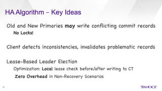HA Algorithm – Key Ideas
37
Old and New Primaries may write conﬂicting commit records

No Locks!



Client detects inconsistencies, invalidates problematic records



Lease-Based Leader Election 

Optimization: Local lease check before/after writing to CT

Zero Overhead in Non-Recovery Scenarios

 