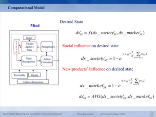 t 
SS ds  f ds society ds market 
Social influence on desired state 
 
w 
SS prSS 
pr PRCA 
N 
t 
SS ds society e 
New products’ influence on desired state 
 
w 
SS prSS 
pr PR 
N 
t 
SS ds market e 
t 
SS ds  AVG ds society ds market 
57 امید روزمند 
سمینار دفاع از پایان نامه دکتری: مدل سازی مبتنی بر عامل رفتار خریدار بر اساس فرهنگ 
و شخصیت 
20/7/1390 
22 
57 
Agent-Based Modeling and Simulation of Consumer Behavior Omid Roozmand Dartmouth College, ENVS 
) 
1 
( * 
_ 1 
 
   
) 
1 
( * 
_ 1 
 
   
( _ , _ ) t 
SS 
t 
SS 
Computational Model 
Desired State 
( _ , _ ) t 
SS 
t 
SS 
 