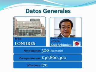 Datos Generales

Secretario
General:

Sede:

LONDRES
Funcionarios:

Presupuesto 2011:
Miembros:

Koji Sekimizu

300 (Secretaría)

£30,860,300
170

 