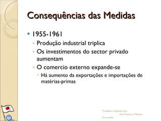 Consequências das Medidas 1955-1961 Produção industrial triplica Os investimentos do sector privado aumentam O comercio externo expande-se Há aumento da exportações e importações de matérias-primas Trabalho realizado por:  Ana Nunes e Melissa Fernandes 