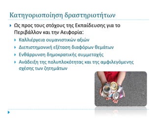 Κατηγοριοποίηση δραστηριοτήτων
   Ως προς τους στόχους της Εκπαίδευσης για το
    Περιβάλλον και την Αειφορία:
       Καλλιέργεια ουμανιστικών αξιών
       Διεπιστημονική εξέταση διαφόρων θεμάτων
       Ενθάρρυνση δημοκρατικής συμμετοχής
       Ανάδειξη της πολυπλοκότητας και της αμφιλεγόμενης
        σχέσης των ζητημάτων
 