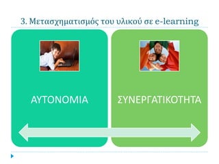 3. Μετασχηματισμός του υλικού σε e-learning




  ΑΥΤΟΝΟΜΙΑ            ΣΥΝΕΡΓΑΤΙΚΟΤΗΤΑ
 