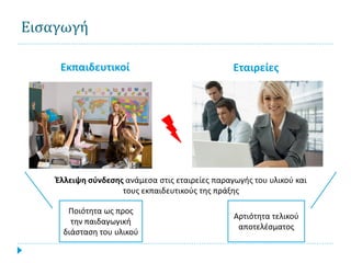 Εισαγωγή

     Εκπαιδευτικοί                               Εταιρείες




    Έλλειψη σύνδεσης ανάμεσα στις εταιρείες παραγωγής του υλικού και
                    τους εκπαιδευτικούς της πράξης

       Ποιότητα ως προς
                                                 Αρτιότητα τελικού
        την παιδαγωγική
                                                  αποτελέσματος
      διάσταση του υλικού
 
