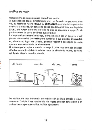 I
MUINOS DE AUGA
Utilizan unha corrente de auga como forza motriz.
A auga pódese captar directamente dun río, facendo un pequeno des-
vío, ou reténdoa nunha PRESA ou ESTANOUE e conducíndoa por unha
canle ata a entrada. En zonas de pouco caudal constrúese un depósito
(cuBo ou PoZo) en forma de funil no que se almacena a auga. En al-
gunhas zonas da costa encórase auga do mar.
Para aproveitar a enerxía da auga, obrígase a caír por un desnivel e saír
por un oco estreito (a canela) para aumentar a súa presión. o pexadoi-
ro, situado no lugar de traballo, permite regular a cantidade de auga
que entra e a velocidade de xíro da moa.
O sistema para captar a enerxía da auga é unha roda con pás en posi-
ción horizontal (rod¡c¡o) situada na parte de abaíxo do muíño, ou verti-
cal (bruia) situada nun dos laterais.
Os muíños de roda horizontal ou rodicio son os máis antigos e abun-
dantes en Galicia. Case non hai río nin regato que non teña algún e en
moitos casos aparecen varios muíños agrupados.
11
 