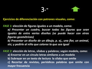 Ejercicios de diferenciación con patrones visuales, como:
FASE 1: elección de figuras iguales a un modelo, como:
a) Presentar un cuadro, buscar todas las figuras que sean
iguales de entre varios diseños (se puede hacer con otras
figuras geométricas)
b) Presentar un diseño de un dibujo, p. ej., una flor, un animal,
etc; y pedirle al niño que coloree la que sea igual
FASE 2: elección de letras, sílabas y palabras; según modelo, como:
a) Encerrar en un círculo letras similares a un modelo
b) Subrayar en un texto de lectura la sílaba que omite
c) Recortar de revistas, periódicos palabras que omite con
mayor frecuencia
 