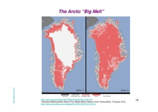 Paul Mahony 2013

The Arctic “Big Melt”

http://www.nasa.gov/topics/earth/features/greenland-melt.html
"Greenland Melting Breaks Record Four Weeks Before Season's End", ScienceDaily, 15 August, 2012,
http://www.sciencedaily.com/releases/2012/08/120815121318.htm

19

 