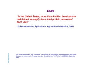 Scale
“In the United States, more than 9 billion livestock are
maintained to supply the animal protein consumed
each year.”

Paul Mahony 2013

US Department of Agriculture, Agricultural statistics, 2001

The above reference was cited in Pimentel, D. & Pimentel M. “Sustainability of meat-based and plant-based
diets and the environment”, American Journal of Clinical Nutrition, Vol. 78, No. 3, 660S-663S, September
2003

 