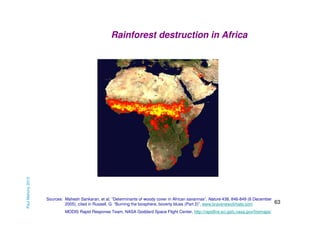 Paul Mahony 2013

Rainforest destruction in Africa

Sources: Mahesh Sankaran, et al, “Determinants of woody cover in African savannas”, Nature 438, 846-849 (8 December
2005), cited in Russell, G. “Burning the biosphere, boverty blues (Part 2)”, www.bravenewclimate.com
MODIS Rapid Response Team, NASA Goddard Space Flight Center, http://rapidfire.sci.gsfc.nasa.gov/firemaps/

63

 
