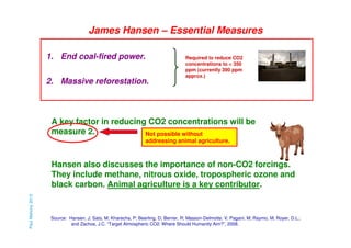 James Hansen – Essential Measures
1. End coal-fired power.
2. Massive reforestation.

Required to reduce CO2
concentrations to < 350
ppm (currently 390 ppm
approx.)

A key factor in reducing CO2 concentrations will be
measure 2.
Not possible without
addressing animal agriculture.

Paul Mahony 2013

Hansen also discusses the importance of non-CO2 forcings.
They include methane, nitrous oxide, tropospheric ozone and
black carbon. Animal agriculture is a key contributor.

Source: Hansen, J; Sato, M; Kharecha, P; Beerling, D; Berner, R; Masson-Delmotte, V; Pagani, M; Raymo, M; Royer, D.L.;
and Zachos, J.C. “Target Atmospheric CO2: Where Should Humanity Aim?”, 2008.

 