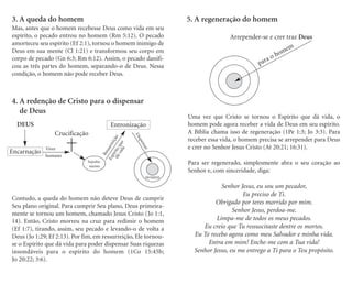 3. A queda do homem
Mas, antes que o homem recebesse Deus como vida em seu
espírito, o pecado entrou no homem (Rm 5:12). O pecado
amorteceu seu espírito (Ef 2:1), tornou o homem inimigo de
Deus em sua mente (Cl 1:21) e transformou seu corpo em
corpo de pecado (Gn 6:3; Rm 6:12). Assim, o pecado danifi-
cou as três partes do homem, separando-o de Deus. Nessa
condição, o homem não pode receber Deus.
4. A redenção de Cristo para o dispensar
de Deus
Contudo, a queda do homem não deteve Deus de cumprir
Seu plano original. Para cumprir Seu plano, Deus primeira-
mente se tornou um homem, chamado Jesus Cristo (Jo 1:1,
14). Então, Cristo morreu na cruz para redimir o homem
(Ef 1:7), tirando, assim, seu pecado e levando-o de volta a
Deus (Jo 1:29; Ef 2:13). Por fim, em ressurreição, Ele tornou-
se o Espírito que dá vida para poder dispensar Suas riquezas
insondáveis para o espírito do homem (1Co 15:45b;
Jo 20:22; 3:6).
DEUS
Encarnação
HOMEM
Entronização
Crucificação
Sepulta-
mento
D
i
s
p
e
n
s
a
r
R
e
s
s
u
r
r
e
i
ç
ã
o
E
s
p
í
r
i
t
o
q
u
e
Viver
humano
5. A regeneração do homem
Uma vez que Cristo se tornou o Espírito que dá vida, o
homem pode agora receber a vida de Deus em seu espírito.
A Bíblia chama isso de regeneração (1Pe 1:3; Jo 3:3). Para
receber essa vida, o homem precisa se arrepender para Deus
e crer no Senhor Jesus Cristo (At 20:21; 16:31).
Para ser regenerado, simplesmente abra o seu coração ao
Senhor e, com sinceridade, diga:
Senhor Jesus, eu sou um pecador,
Eu preciso de Ti.
Obrigado por teres morrido por mim.
Senhor Jesus, perdoa-me.
Limpa-me de todos os meus pecados.
Eu creio que Tu ressuscitaste dentre os mortos.
Eu Te recebo agora como meu Salvador e minha vida.
Entra em mim! Enche-me com a Tua vida!
Senhor Jesus, eu me entrego a Ti para o Teu propósito.
Arrepender-se e crer traz Deus
para o homem
d
á
v
i
d
a
 
