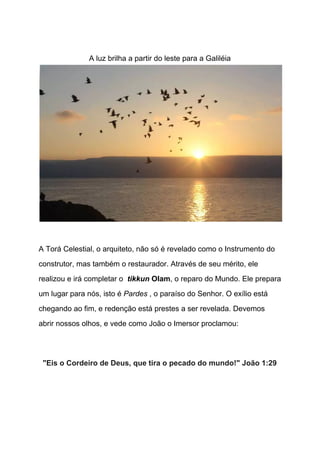  
A luz brilha a partir do leste para a Galiléia 
 
 
A Torá Celestial, o arquiteto, não só é revelado como o Instrumento do 
construtor, mas também o restaurador. Através de seu mérito, ele 
realizou e irá completar o​  ​tikkun​ Olam​, o reparo do Mundo. Ele prepara 
um lugar para nós, isto é ​Pardes​ , o paraíso do Senhor. O exílio está 
chegando ao fim, e redenção está prestes a ser revelada. Devemos 
abrir nossos olhos, e vede como João o Imersor proclamou: 
 
"Eis o Cordeiro de Deus, que tira o pecado do mundo!" João 1:29 
 
 
 