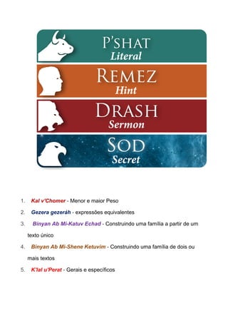   
  
  
1.    ​Kal v'Chomer​ ​­ ​Menor e maior Peso 
2.    ​Gezera gezeráh​ ­ ​expressões equivalentes 
3.    ​ ​Binyan Ab Mi­Katuv Echad​ ­ ​Construindo uma família a partir de um 
texto único 
4.    ​Binyan Ab Mi­Shene Ketuvim​ ­ ​Construindo uma família de dois ou 
mais textos 
5.    ​K'lal u'Perat​ ­ ​Gerais e específicos 
 