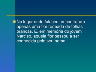 No lugar onde faleceu, encontraram apenas uma flor rodeada de folhas brancas. E, em memória do jovem Narciso, aquela flor passou a ser conhecida pelo seu nome. 