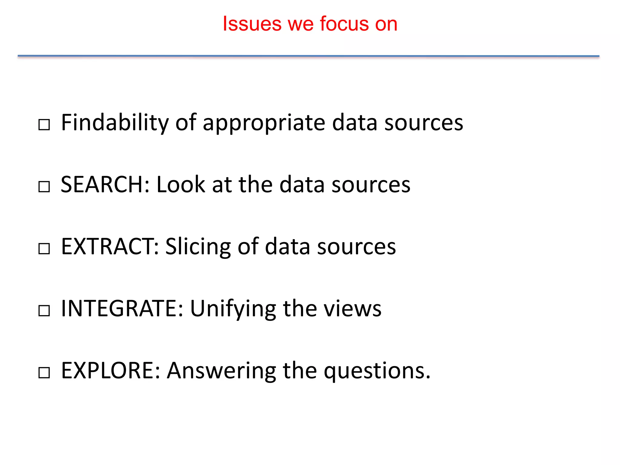 Issues we focus on



   Findability of appropriate data sources

   SEARCH: Look at the data sources

   EXTRACT: Slicing of data sources

   INTEGRATE: Unifying the views

   EXPLORE: Answering the questions.
 