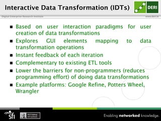 Interactive Data Transformation (IDTs)
Digital Enterprise Research Institute                   www.deri.ie




        Based on user interaction paradigms for user
         creation of data transformations
        Explores    GUI    elements    mapping   to   data
         transformation operations
        Instant feedback of each iteration
        Complementary to existing ETL tools
        Lower the barriers for non-programmers (reduces
         programming effort) of doing data transformations
        Example platforms: Google Refine, Potters Wheel,
         Wrangler
 