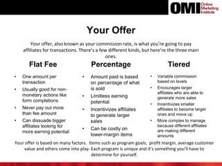 Your Offer
Your offer, also known as your commission rate, is what you’re going to pay
affiliates for transactions. There’s a few different kinds, but here’re the three main
ones.
Flat Fee
• One amount per
transaction
• Usually good for non-
monetary actions like
form completions
• Never pay out more
than fee amount
• Can dissuade bigger
affiliates looking for
more earning potential
Percentage
• Amount paid is based
on percentage of what
is sold
• Limitless earning
potential
• Incentivizes affiliates
to generate larger
sales
• Can be costly on
lower-margin items
Tiered
• Variable commission
based on levels
• Encourages larger
affiliates who are able to
generate more sales
• Incentivizes smaller
affiliates to become larger
ones and move up
• More complex to manage
because different affiliates
are making different
amounts
Your offer is based on many factors. Items such as program goals, profit margin, average customer
value and others come into play. Each program is unique and it’s something you’ll have to
determine for yourself.
 