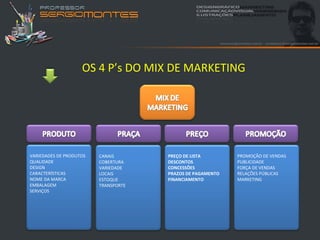 OS 4 P’s DO MIX DE MARKETING




VARIEDADES DE PRODUTOS   CANAIS       PREÇO DE LISTA        PROMOÇÃO DE VENDAS
QUALIDADE                COBERTURA    DESCONTOS             PUBLICIDADE
DESIGN                   VARIEDADE    CONCESSÕES            FORÇA DE VENDAS
CARACTERÍSTICAS          LOCAIS       PRAZOS DE PAGAMENTO   RELAÇÕES PÚBLICAS
NOME DA MARCA            ESTOQUE      FINANCIAMENTO         MARKETING
EMBALAGEM                TRANSPORTE
SERVIÇOS
 