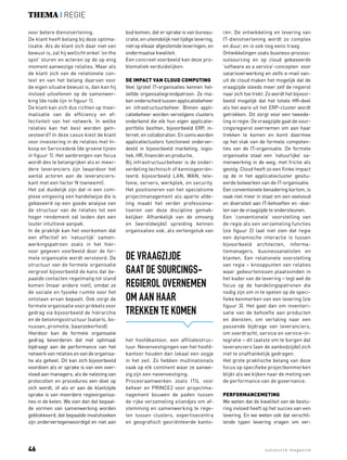 | regie 
voor betere dienstverlening. 
De klant heeft belang bij deze optima-lisatie. 
Als de klant zich daar niet van 
bewust is, zal hij wellicht enkel ‘on the 
spot’ sturen en acteren op de op enig 
moment aanwezige relaties. Maar als 
de klant zich van de relationele con-text 
en van het belang daarvan voor 
de eigen situatie bewust is, dan kan hij 
invloed uitoefenen op de samenwer-king 
(de rode lijn in figuur 1). 
De klant kan zich dus richten op maxi-malisatie 
van de efficiency en ef-fectiviteit 
van het netwerk. In welke 
relaties kan het best worden geïn-vesteerd? 
In deze casus kiest de klant 
voor investering in de relaties met In-koop 
en Servicedesk (de groene lijnen 
in figuur 1). Het aanbrengen van focus 
wordt des te belangrijker als er meer-dere 
leveranciers zijn (waardoor het 
aantal actoren aan de leveranciers-kant 
met een factor N toeneemt). 
Het zal duidelijk zijn dat in een com-plexe 
omgeving een handelwijze die is 
gebaseerd op een goede analyse van 
de structuur van de relaties tot een 
hoger rendement zal leiden dan een 
louter intuïtieve aanpak. 
In de praktijk kan het voorkomen dat 
een effectief en ‘natuurlijk’ samen-werkingspatroon 
zoals in het hier-voor 
gegeven voorbeeld door de for-mele 
organisatie wordt verstoord. De 
structuur van de formele organisatie 
vergroot bijvoorbeeld de kans dat be-paalde 
contacten regelmatig tot stand 
komen (maar andere niet), omdat ze 
de sociale en fysieke ruimte voor het 
ontstaan ervan bepaalt. Ook zorgt de 
formele organisatie voor prikkels voor 
gedrag via bijvoorbeeld de hiërarchie 
en de beloningsstructuur (salaris, bo-nussen, 
promotie, baanzekerheid). 
Hierdoor kan de formele organisatie 
gedrag bevorderen dat niet optimaal 
bijdraagt aan de performance van het 
netwerk van relaties en van de organisa-tie 
als geheel. Dit kan zich bijvoorbeeld 
voordoen als er sprake is van een over-vloed 
aan managers, als de naleving van 
protocollen en procedures een doel op 
zich wordt, of als er aan de klantzijde 
sprake is van meerdere regieorganisa-ties 
in de keten. We zien dan dat bepaal-de 
vormen van samenwerking worden 
geblokkeerd, dat bepaalde invalshoeken 
zijn ondervertegenwoordigd en niet aan 
bod komen, dat er sprake is van bureau-cratie, 
en uiteindelijk niet tijdige levering, 
niet op elkaar afgestemde leveringen, en 
ondermaatse kwaliteit. 
Een concreet voorbeeld kan deze pro-blematiek 
verduidelijken. 
De impact van cloud computing 
Veel (grote) IT-organisaties kennen het-zelfde 
organisatiegrondpatroon. Ze ma-ken 
onderscheid tussen applicatiebeheer 
en infrastructuurbeheer. Binnen appli-catiebeheer 
worden vervolgens clusters 
onderkend die elk hun eigen applicatie-portfolio 
bezitten, bijvoorbeeld ERP, in-ternet, 
en collaboration. En soms worden 
applicatieclusters functioneel onderver-deeld 
in bijvoorbeeld marketing, logis-tiek, 
HR, financiën en productie. 
Bij infrastructuurbeheer is de onder-verdeling 
technisch of kennisgeoriën-teerd: 
bijvoorbeeld LAN, WAN, tele-fonie, 
servers, werkplek, en security. 
Het positioneren van het specialisme 
projectmanagement als aparte afde-ling 
maakt het verder professiona-liseren 
van deze discipline gemak-kelijker. 
Afhankelijk van de omvang 
en (wereldwijde) spreiding kennen 
organisaties ook, als verlengstuk van 
De vraagzijde 
gaat de sourcings-regierol 
overnemen 
om aan haar 
trekken te komen 
het hoofdkantoor, een affiliatestruc-tuur. 
Nevenvestigingen van het hoofd-kantoor 
houden dan lokaal een oogje 
in het zeil. Zo hebben multinationals 
vaak op elk continent waar ze aanwe-zig 
zijn een nevenvestiging. 
Procesraamwerken zoals ITIL voor 
beheer en PRINCE2 voor projectma-nagement 
bouwen de paden tussen 
de rijke verzameling eilandjes om af-stemming 
en samenwerking te rege-len 
tussen clusters, expertisecentra 
en geografisch georiënteerde kanto-ren. 
De ontwikkeling en levering van 
IT-dienstverlening wordt zo complex 
en duur, en is ook nog eens traag. 
Ontwikkelingen zoals business-process-outsourcing 
en op cloud gebaseerde 
‘software as a service’-concepten voor 
salarisverwerking en zelfs e-mail van-uit 
de cloud maken het mogelijk dat de 
vraagzijde steeds meer zelf de regierol 
naar zich toe trekt. Zo wordt het bijvoor-beeld 
mogelijk dat het totale HR-deel 
als het ware uit het ERP-cluster wordt 
getrokken. Dit zorgt voor een tweede-ling 
in regie. De vraagzijde gaat de sour-cingsregierol 
overnemen om aan haar 
trekken te komen en komt daarmee 
op het vlak van de formele competen-ties 
van de IT-organisatie. De formele 
organisatie staat een ‘natuurlijke’ sa-menwerking 
in de weg, met frictie als 
gevolg. Cloud heeft zo een flinke impact 
op de in het applicatiecluster gesitu-eerde 
bolwerken van de IT-organisatie. 
Een conventionele benadering kortom, is 
vaak niet meer in staat om een veelvoud 
en diversiteit aan IT-behoeften en -doe-len 
van de vraagzijde te ondersteunen. 
Een ‘conventionele’ voorstelling van 
de regie als een verzameling functies 
(zie figuur 2) laat niet zien dat regie 
een dynamische interactie is tussen 
bijvoorbeeld architecten, informa-tiemanagers, 
businessanalisten en 
klanten. Een relationele voorstelling 
van regie – knooppunten van relaties 
waar gebeurtenissen plaatsvinden in 
het kader van de levering – legt wel de 
focus op de handelingspatronen die 
nodig zijn om in te spelen op de speci-fieke 
kenmerken van een levering (zie 
figuur 3). Het gaat dan om inventari-satie 
van de behoefte aan producten 
en diensten, om vertaling naar een 
passende bijdrage van leveranciers, 
om overdracht, service en service-in-tegratie 
– dit laatste om te borgen dat 
leveranciers (aan de aanbodzijde) zich 
niet te onafhankelijk gedragen. 
Het grote praktische belang van deze 
focus op specifieke projectkenmerken 
blijkt als we kijken naar de meting van 
de performance van de governance. 
Performancemeting 
We weten dat de kwaliteit van de bestu-ring 
invloed heeft op het succes van een 
levering. En we weten ook dat verschil-lende 
typen levering vragen om ver-thema 
46 outsource magazine 
 