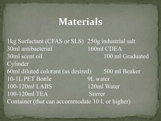 Materials
1kg Surfactant (CFAS or SLS) 250g industrial salt
30ml antibacterial 160ml CDEA
30ml scent oil 100 ml Graduated
Cylinder
60ml diluted colorant (as desired) 500 ml Beaker
10-1L PET Bottle 9L water
100-120ml LABS 120ml Water
100-120ml TEA Stirrer
Container (that can accommodate 10 L or higher)
 