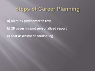 a) 40 mins psychometric test
b) 20 pages instant personalized report
c) post assessment counseling
