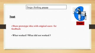 Design thinking process
Test
Test
• Share prototype idea with original users for
feedback
• What worked ? What did not worked ?
 