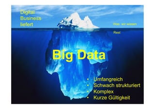 16
Fachhochschule des Mittelstands(FHM)
OMKB 2017 16© Prof. Dr.-Ing. Manfred Leisenberg
Trend 2
[5]
Digital
Business
liefert
Big Data
Was wir wissen
Rest
•  Umfangreich
•  Schwach strukturiert
•  Komplex
•  Kurze Gültigkeit
 