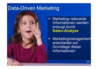 20
Fachhochschule des Mittelstands(FHM)
OMKB 2017 20© Prof. Dr.-Ing. Manfred Leisenberg
§  Marketing–relevante
Informationen werden
erzeugt durch
Daten-Analyse
§  Marketingmanagement
entscheidet auf
Grundlage dieser
Informationen
[3]
Data-Driven Marketing
 