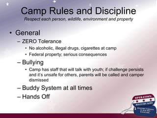 2009 Camp Ocala I Stats105 youth 8 – 12 years (50 girls/55 boys)19 teen counselors  8 adult resident staff; additional 4 day only  8 4-H Camp Ocala program staff  Donations to date : $11,131  Actual cost of camp is $173 per camper Estimate cost of camp with counselors and   adults is $20,000