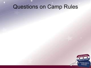 Camp Rules and DisciplineRespect each person, wildlife, environment and propertyGeneralDress CodeClosed toed shoes; except at waterfrontOne piece swim suit for girlsNo midrifs tops or low rider pantsNo Cell PhonesIf cell phone caught, camp staff will hold till end of campThis is camp grounds and OMK camp policyIf you need to get in touch with staff we will post a cell number on our OMK Blog.
