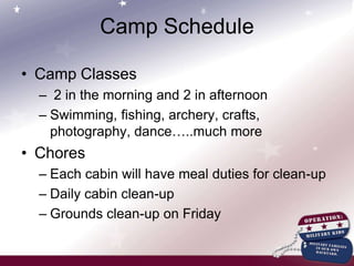 Camp Rules and DisciplineRespect each person, wildlife, environment and propertyWaterfrontPermitted only when lifeguard on siteYou will have a swim test on first day All youth participate at swimming; there is a swallow areaBuddy System usedBe respectful of lifeguard