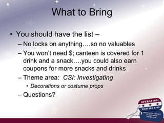 Camp ScheduleWake up is 7amAll attend daily flag raising/lowering ceremoniesFood TimeBreakfast at 8amLunch at 12:15pmCanteen Snack at 3pmDinner at 5pmEvening Snack at 845pm