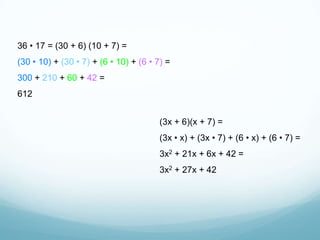 36 • 17 = (30 + 6) (10 + 7) =
(30 • 10) + (30 • 7) + (6 • 10) + (6 • 7) =
300 + 210 + 60 + 42 =
612
(3x + 6)(x + 7) =
(3x • x) + (3x • 7) + (6 • x) + (6 • 7) =
3x2 + 21x + 6x + 42 =
3x2 + 27x + 42

 