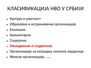 КЛАСИФИКАЦИЈА НВО У СРБИЈИ
 Култура и уметност
 Образовне и истраживачке организације
 Еколошке
 Хуманитарне
 Социјалне
 Омладинске и студентске
 Организације за изградњу локалне заједнице
 Женске организације ......
 