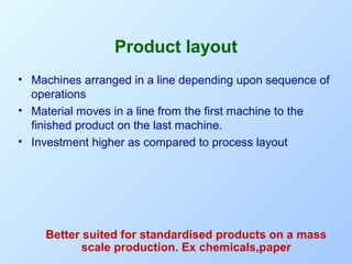 Product layout
• Machines arranged in a line depending upon sequence of
operations
• Material moves in a line from the first machine to the
finished product on the last machine.
• Investment higher as compared to process layout

Better suited for standardised products on a mass
scale production. Ex chemicals,paper

 