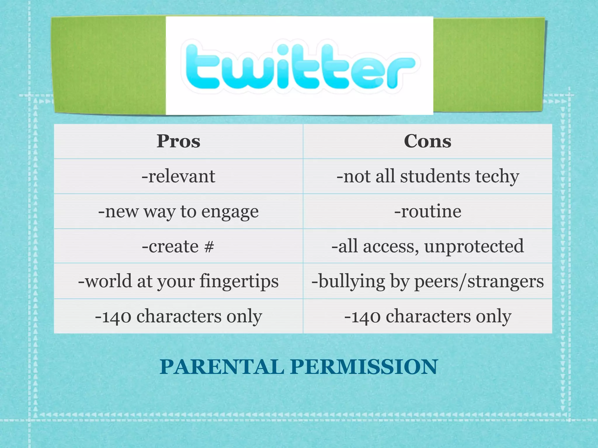 Pros                          Cons
       -relevant               -not all students techy
  -new way to engage                  -routine
       -create #              -all access, unprotected
-world at your fingertips   -bullying by peers/strangers
  -140 characters only         -140 characters only

          PARENTAL PERMISSION
 