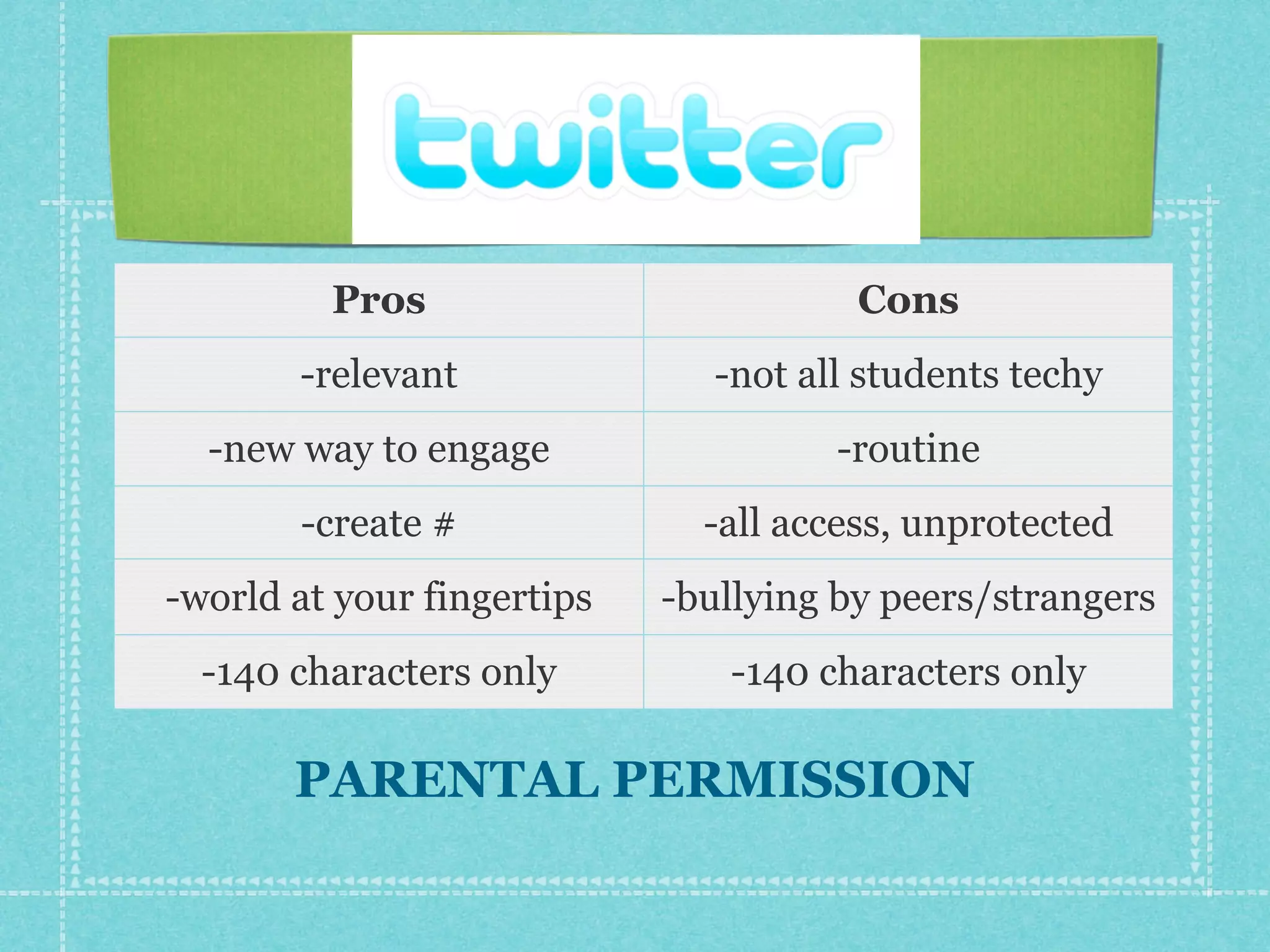 Pros                          Cons
       -relevant               -not all students techy
  -new way to engage                  -routine
       -create #              -all access, unprotected
-world at your fingertips   -bullying by peers/strangers
  -140 characters only         -140 characters only

       PARENTAL PERMISSION
 