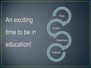 Plato
scribes
Gutenberg
Internet
An exciting
time to be in
education!
 